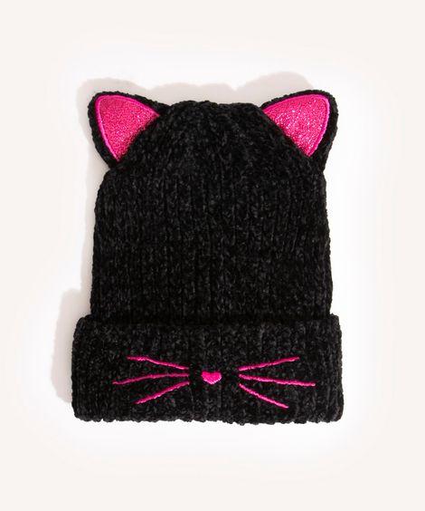 touca infantil de tricô gatinho preta