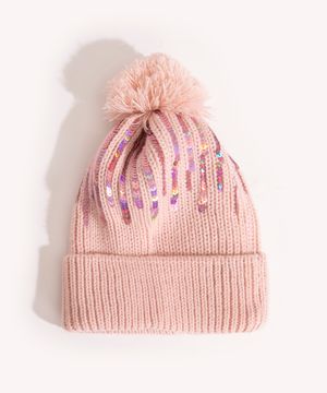 touca infantil de tricô com pompom e paetês rosa