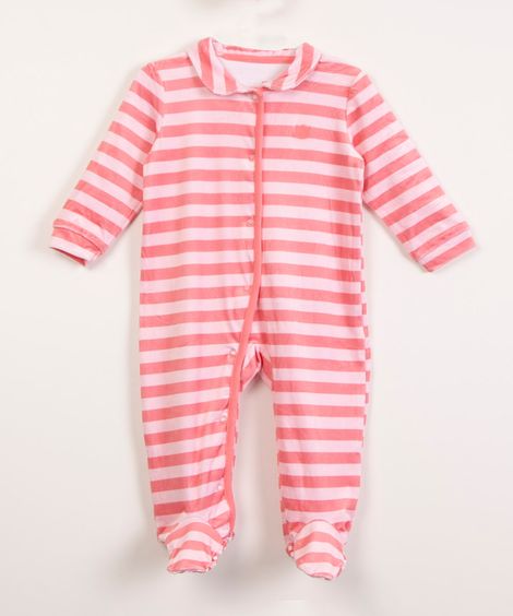 macacão infantil de plush listrado rosa claro