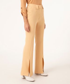 Calça Alfaiataria Flare com Fenda Cintura Alta Bege