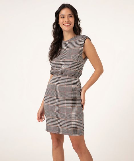 Vestido Muscle Dress Estampado Xadrez com Ombreiras Sem Manga Cinza