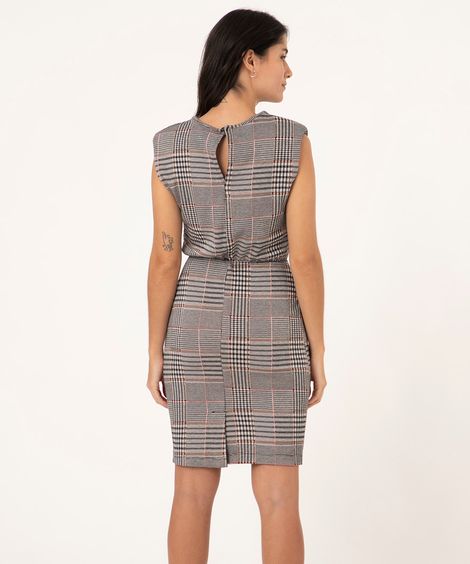Vestido Muscle Dress Estampado Xadrez com Ombreiras Sem Manga Cinza