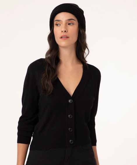 cardigan cropped de tricô básico botões preto
