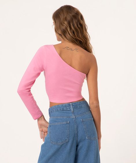 Blusa Cropped One Shoulder Manga Longa Rosa