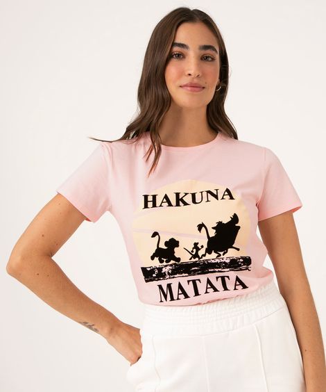 Camiseta "Hakuna Matata" Manga Curta Decote Redondo Rosa Claro