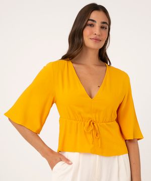 Blusa de Viscose Manga Curta Ampla Decote V Amarela