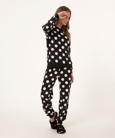 pijama manga longa de fleece poá preto