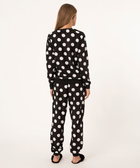 pijama manga longa de fleece poá preto