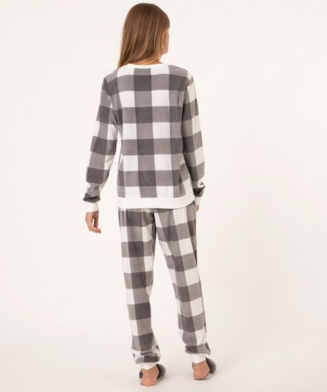 pijama manga longa de fleece xadrez cinza