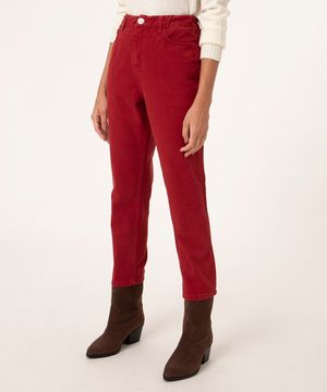 calça de sarja mom cropped com elástico vermelho escuro