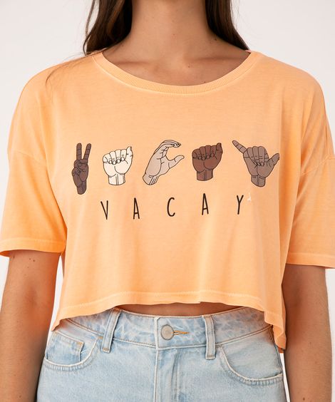 Camiseta de Algodão Cropped Ampla "Vacay" Manga Curta Decote Redondo Laranja