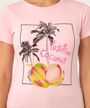 Camiseta de Algodão Coco "Positive Coconut" Manga Curta Decote Redondo Rosa Claro
