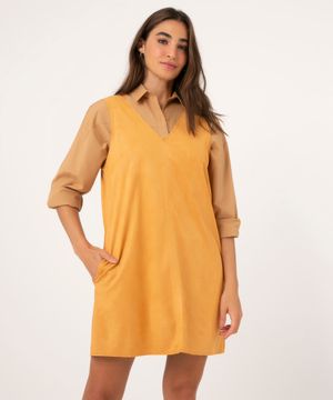 Vestido de Suede Curto Alça Larga Mostarda