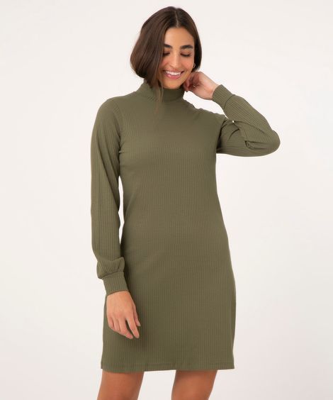 Vestido Canelado Curto Manga Longa Bufante Gola Alta Verde