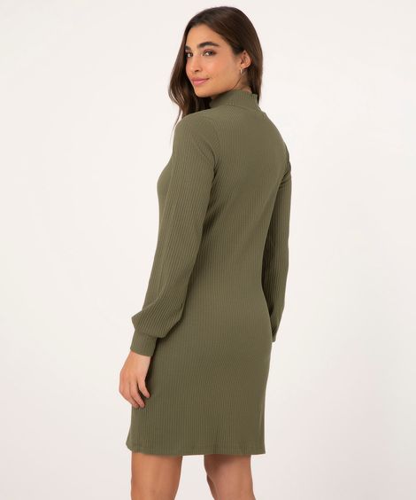 Vestido Canelado Curto Manga Longa Bufante Gola Alta Verde