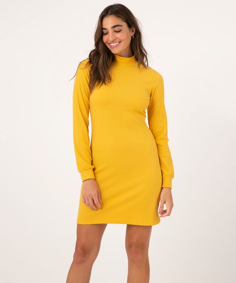 Vestido Canelado Curto Manga Longa Bufante Gola Alta Mostarda