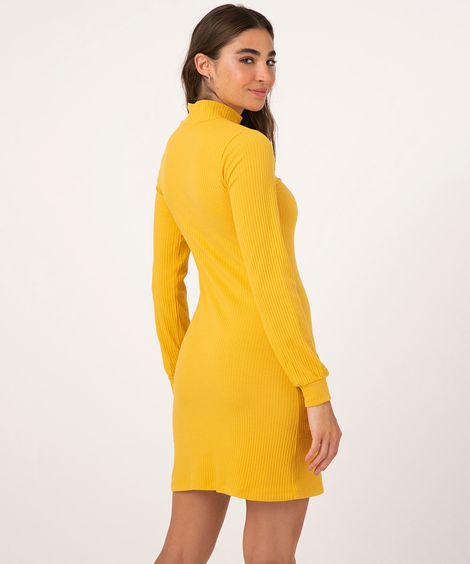 Vestido Canelado Curto Manga Longa Bufante Gola Alta Mostarda
