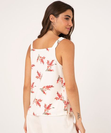 Regata Feminina Floral Alças Médias Decote V Off White