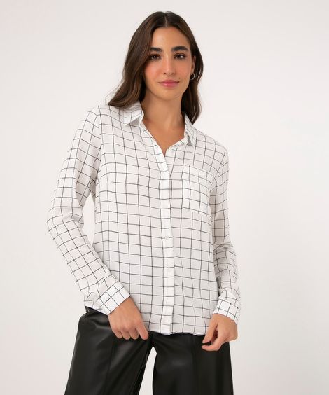 Camisa de Viscose Básica Estampada Geométrica Manga Longa com Bolso Off White