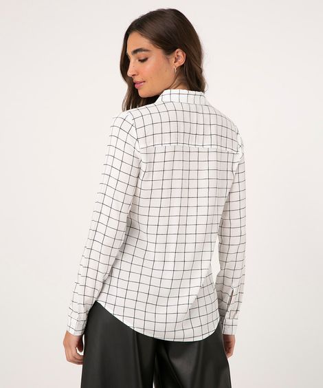 Camisa de Viscose Básica Estampada Geométrica Manga Longa com Bolso Off White