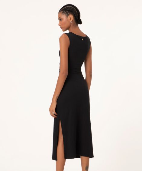 Vestido Midi Canelado Cut Out Decote Redondo Preto