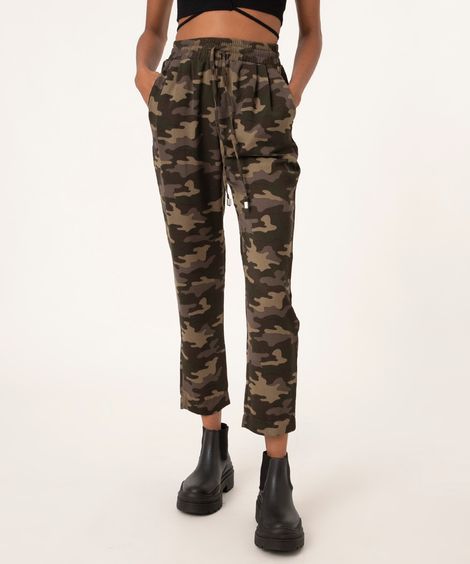 Calça Feminina Cintura Alta Estampada Camuflada com Cordão e Bolsos Verde Militar