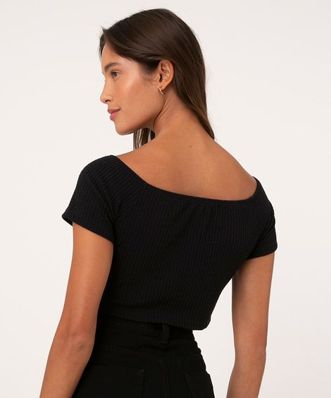 Blusa Cropped Corset Texturizada com Colchetes Manga Curta Decote Canoa Preta