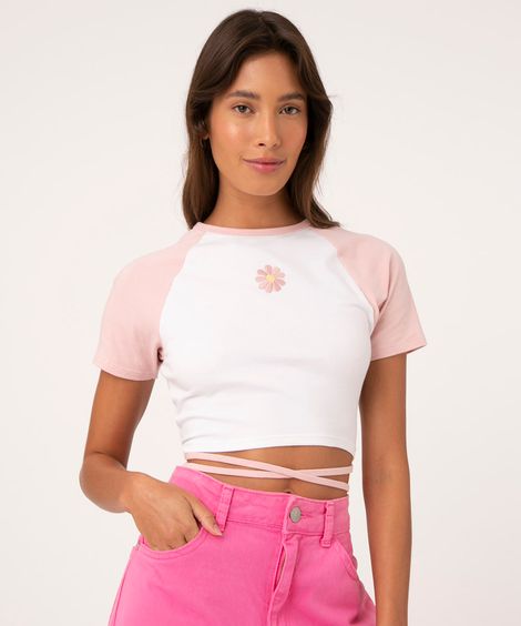 camiseta cropped raglan com amarração rosa claro