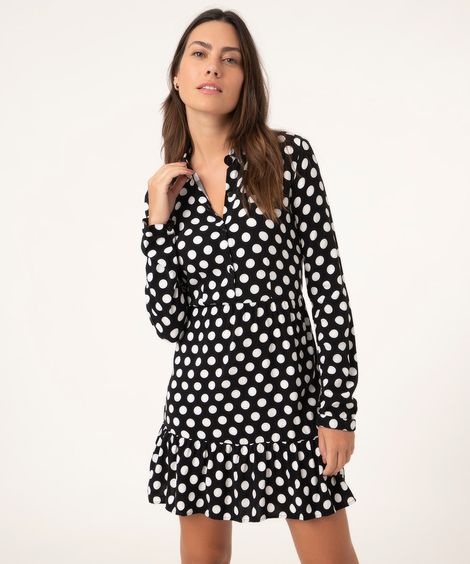 Vestido Chemise de Viscose Estampado de Poá com Babado Curto Manga Longa Preto