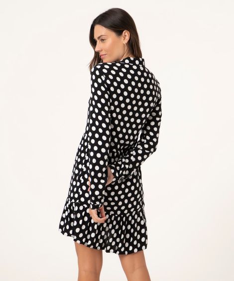 Vestido Chemise de Viscose Estampado de Poá com Babado Curto Manga Longa Preto