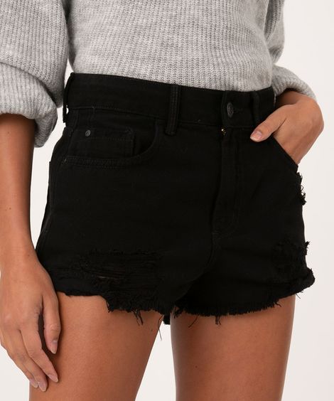 Short de Sarja Feminino Cintura Alta Lateral Curta Destroyed Preto
