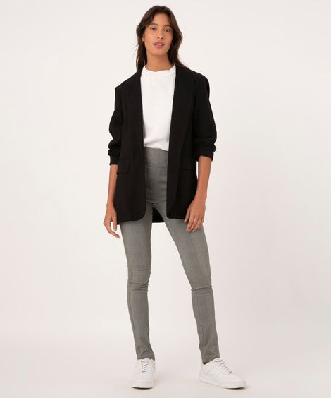 Calça Legging de Jacquard Feminina Cintura Alta Estampada Xadrez com Bolsos Preta
