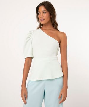 Blusa Peplum Texturizada Um Ombro Só Manga Bufante Verde Claro