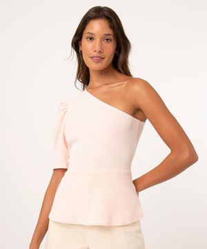 Blusa Peplum Texturizada Um Ombro Só Manga Bufante Rosa Claro