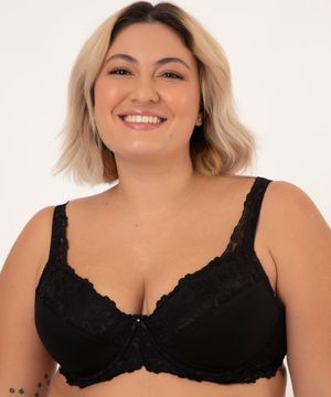 Sutiã plus size com bojo e aro, em cotton estampado com detalhe em renda   2Rios Lingerie - Sutiã Plus Size com bojo e aro, em cotton estampado com  detalhe em renda - 2Rios