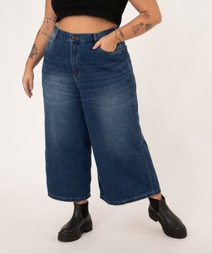 calça wide leg cropped jeans plus size azul escuro