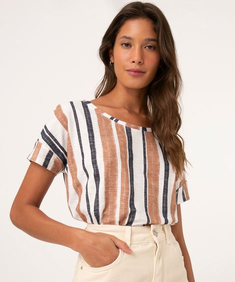 blusa de algodão manga curta decote redondo listrada off white