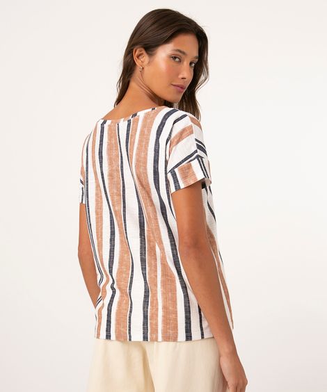 blusa de algodão manga curta decote redondo listrada off white