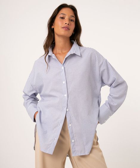 camisa de tricoline listrada com fenda azul
