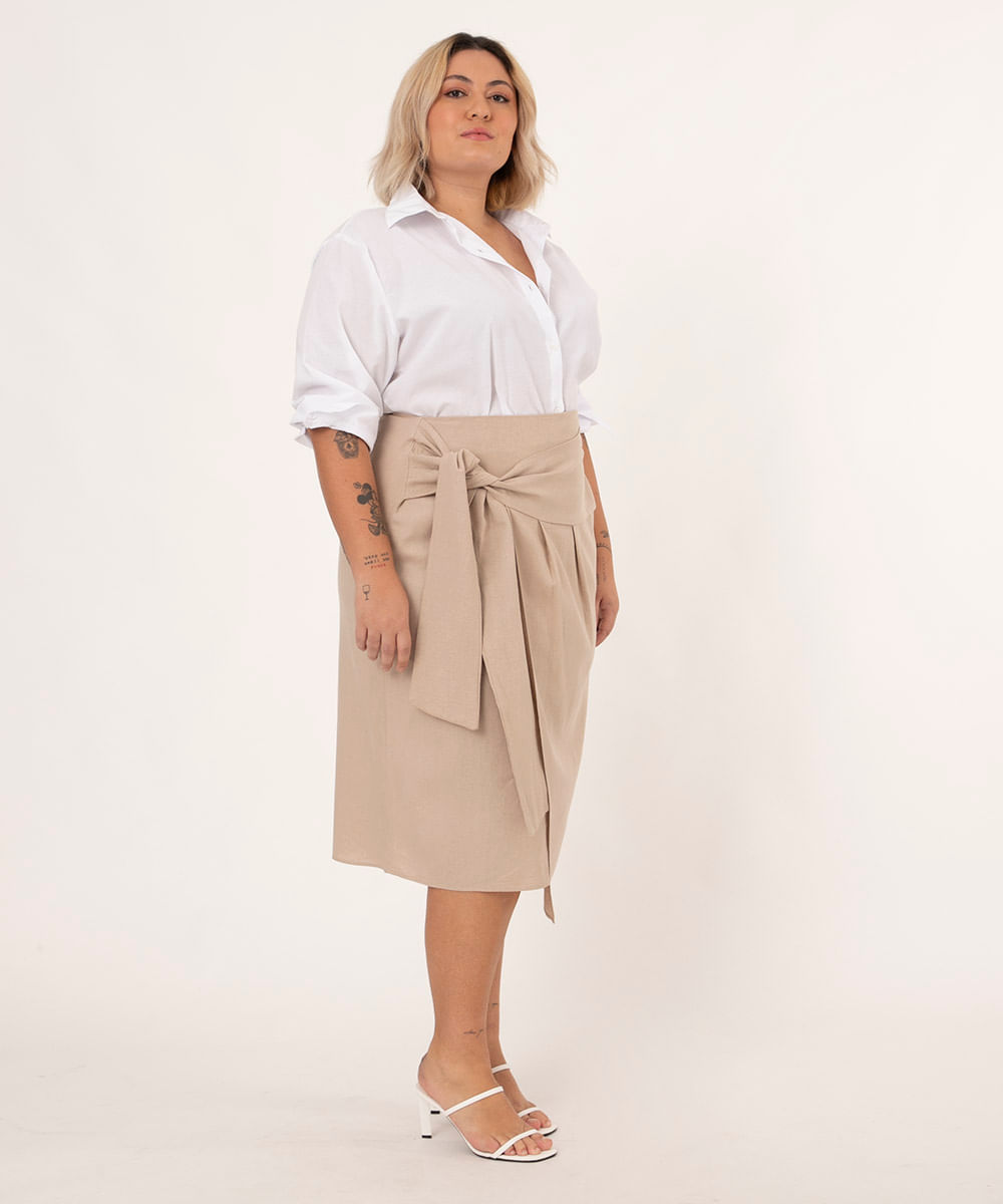 saia midi de linho plus size com amarração areia