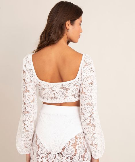 blusa cropped de renda com amarração manga bufante decote v off white