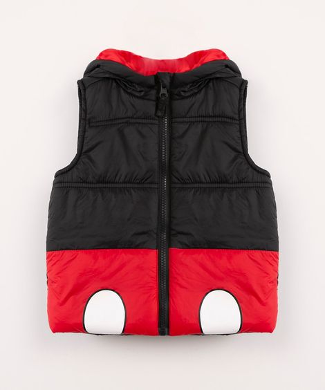 Colete Puffer Infantil Mickey com Capuz e Orelhas Preto