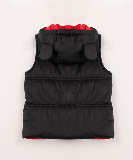 Colete Puffer Infantil Mickey com Capuz e Orelhas Preto