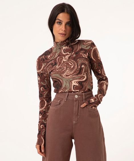 blusa estampada manga longa gola alta multicor