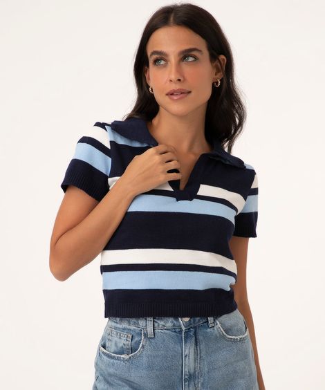 polo de tricô listrada manga curta azul