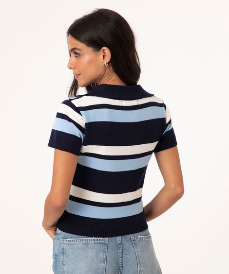 polo de tricô listrada manga curta azul