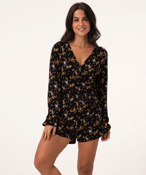 macaquinho floral manga longa preto