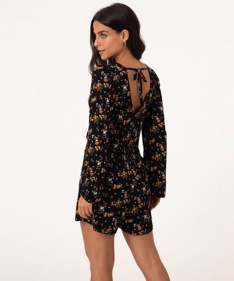 macaquinho floral manga longa preto