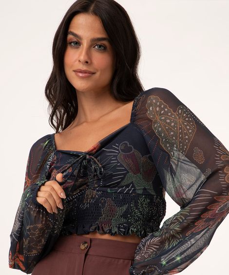 blusa de tule estampada manga bufante azul marinho