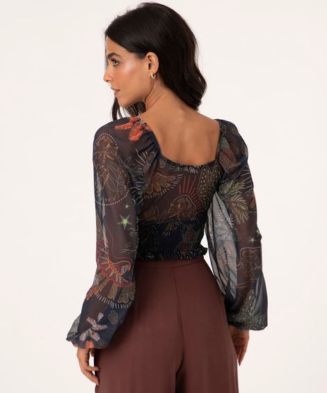 blusa de tule estampada manga bufante azul marinho